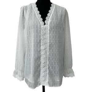 New Suprelöök polka Dot Sheer Blouse crochet Lace Trim Romantic coquette boho S